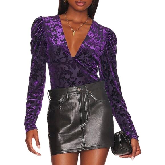 Free People Magic Hour Velvet Burnout Bodysuit Sz XS Deep Sea Combo Plunge Neck - Picture 1 of 10